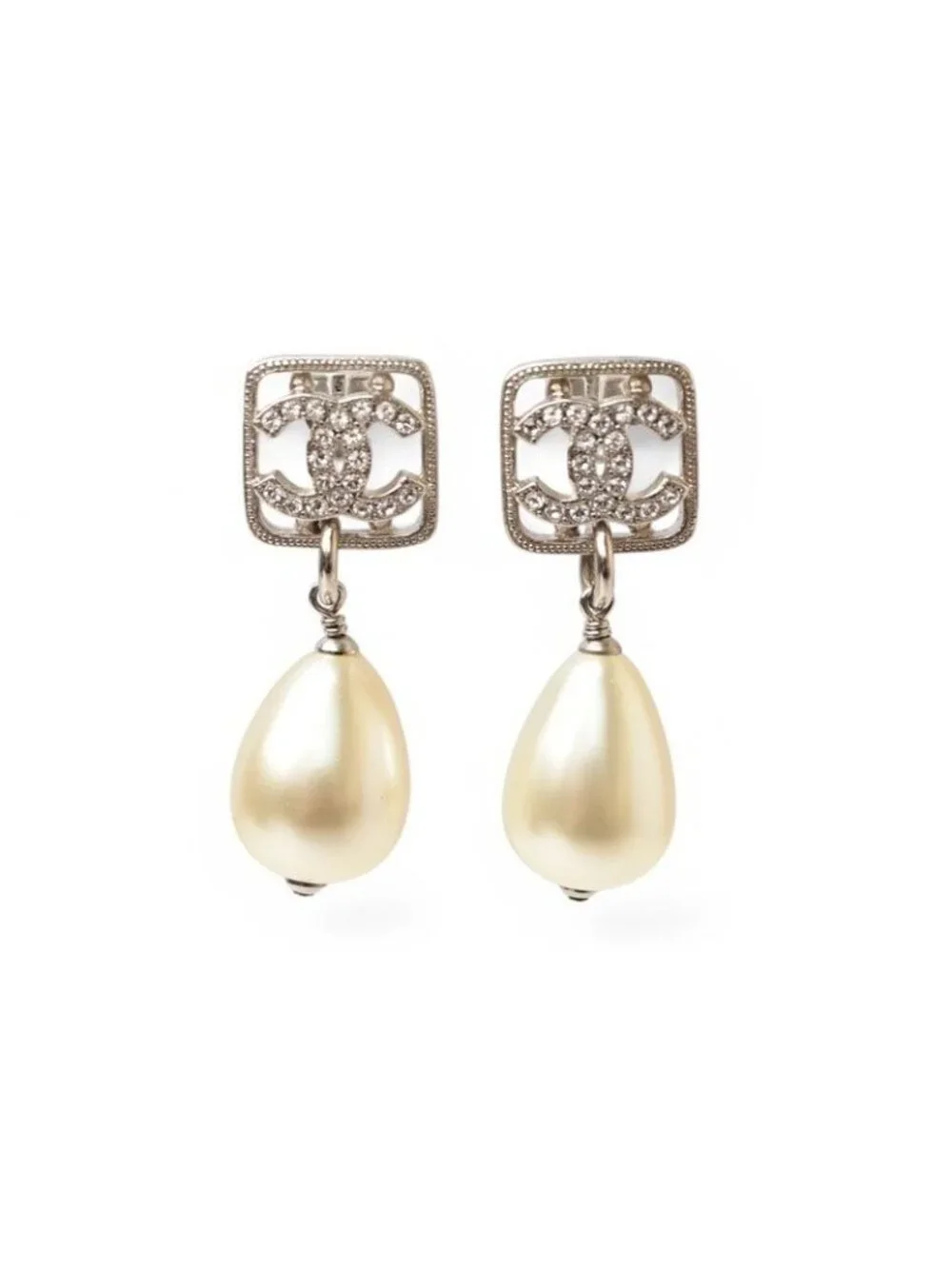 Chanel CC Motif Coco Mark Rhinestone Swing Pearl Silver White